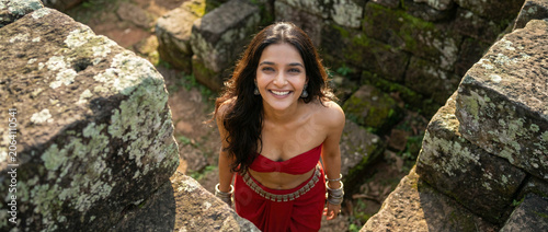 Happy Indian Female Looking Up Amid Historic Heritage Architecture And Nature generative ai