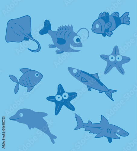 Photography Cartoon sea fish seamless pattern with sharks dolphins whales and ocean animals