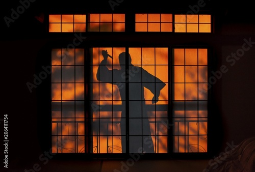 Shadow of a man, burglar with knife, assassin, ninja, on the balcony behind sliding shoji doors in a traditional Japanese house, Yamanouchi, Nagano, Japan