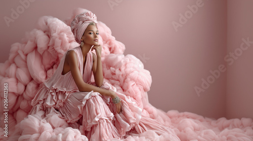 luxury feminine surreal portrait in pink, elegant woman in dreamy pink aesthetic, glamorous lady in surreal pink fashion art