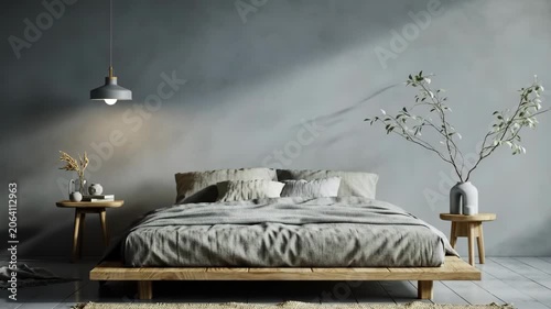 Minimal bedroom interior with muted light and plants