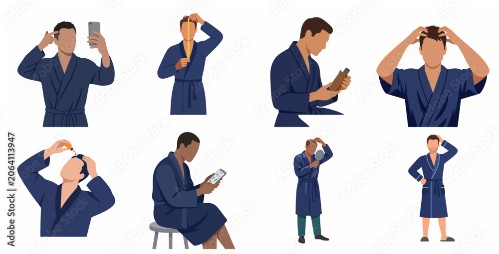 Obraz premium Set of Men in Bathrobes Treating Hair Loss and Scalp Care with Serum, Massage, and Professional Products Flat Vector Illustration