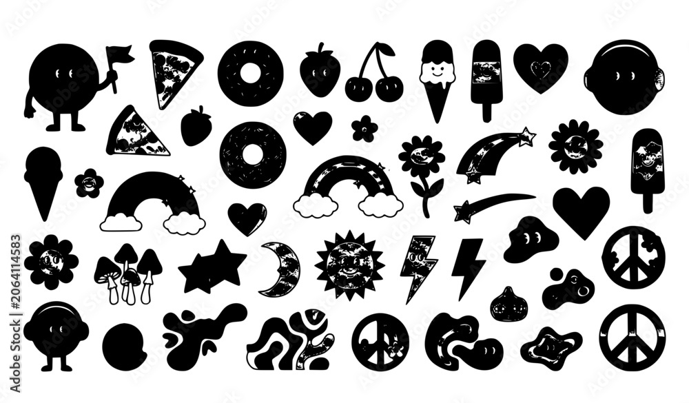 Fototapeta premium Cute Retro Groovy Sticker Pack with Smiley Faces Food and Hippie Elements Vector