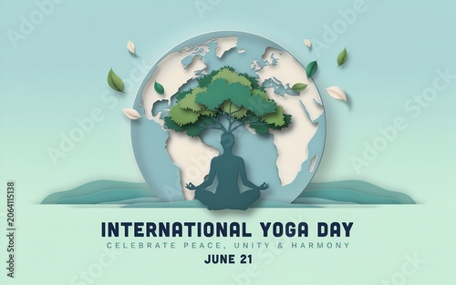 International Yoga Day June 21 Concept Illustration – Global Meditation, Peace Unity Nature, Eco Wellness World Tree Design