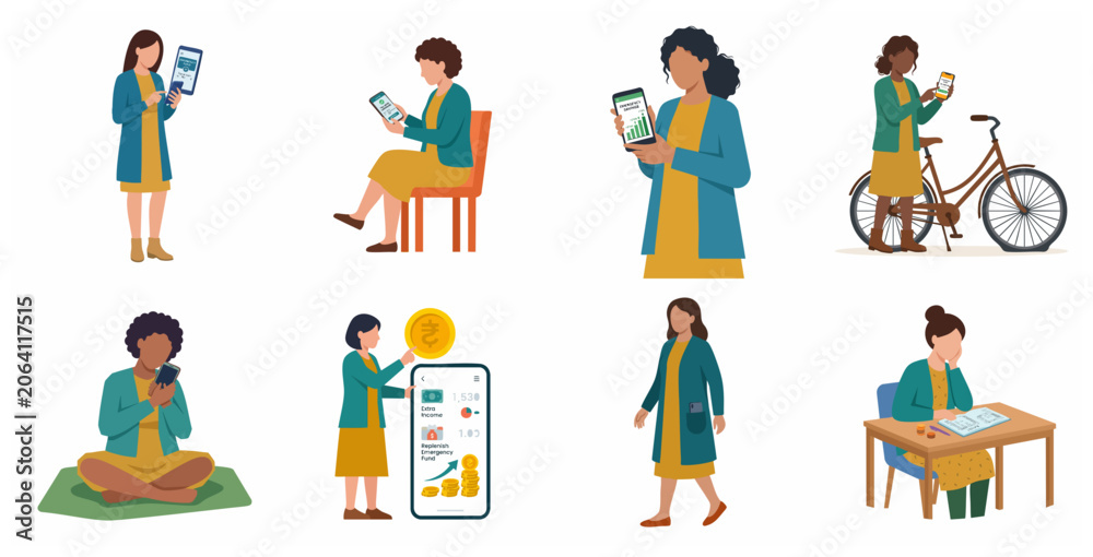 Fototapeta premium Set of diverse women managing personal finance and emergency savings using mobile apps