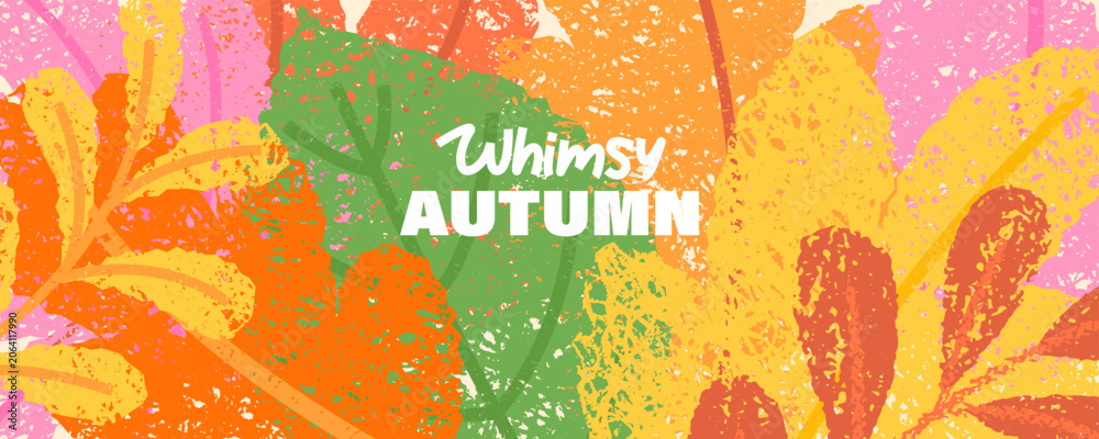 Fototapeta premium Autumn colorful tree leaves. Hello Autumn frame. Fall season design decor elements. Hand drawn charcoal, crayon, chalk texture leaves. Long horizontal seasonal landscape.