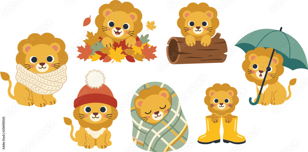Fototapeta premium Cute Autumn and Winter Lion Cub Vector Set Featuring Adorable Safari Animals with Scarf Umbrella Blanket and Fall Leaves for Seasonal Nursery Graphic Designs
