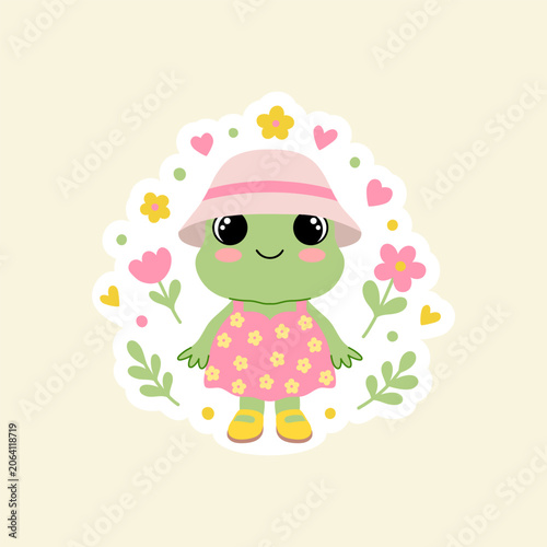 Girl frog sticker  character in pink floral dress and hat on cream backdrop.