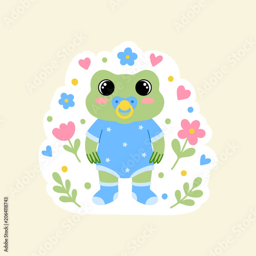 Baby frog sticker  character in blue bodysuit with pacifier on cream backdrop.