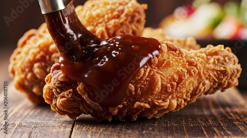 Crispy fried chicken with barbecue sauce on wooden table