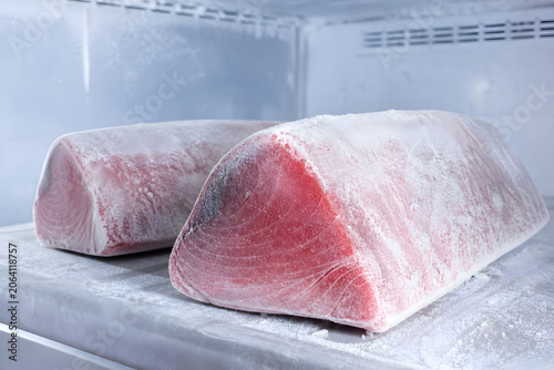 Frosted bluefin tuna loins in ultra cold freezer