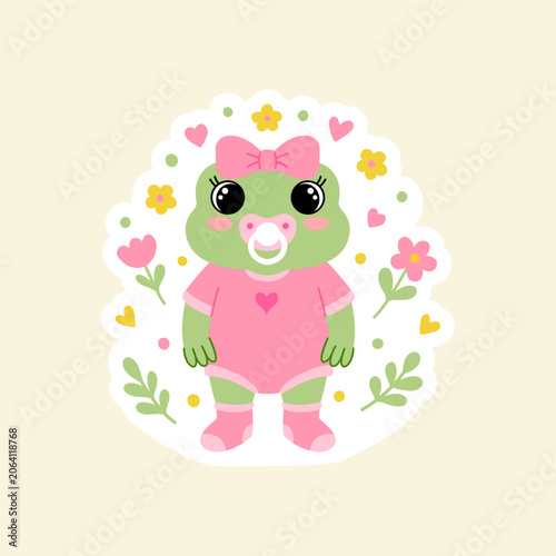 Baby girl frog sticker character in pink bodysuit and bow isolated on cream backdrop