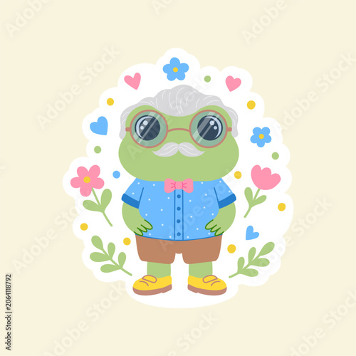 Grandpa frog sticker character with mustache and glasses isolated on cream background.