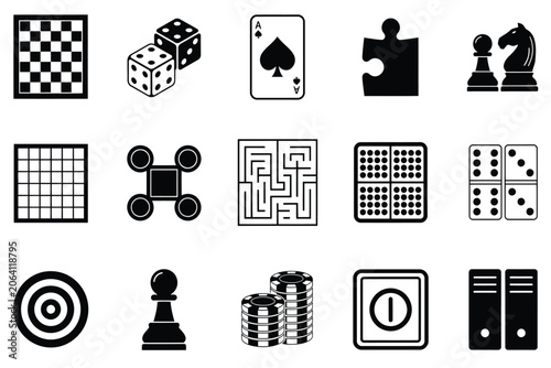 Board games solid icon set including chess board dice playing card puzzle piece maze dominoes poker chips and target symbols