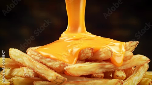 Golden cheese drips over hot French fries