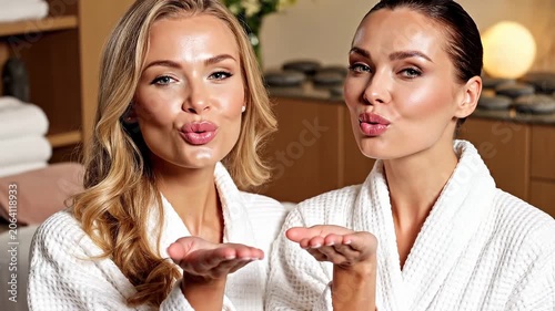 Two beautiful women in white bathrobes posing in spa. Friends having fun blowing kisses to camera. Wellness center relaxation and healthy self care activity.