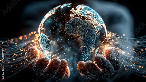 Modern Telecommunications Concept Featuring Engineers and Network Connected Planet
