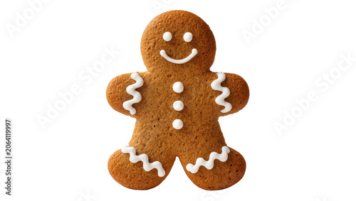 Gingerbread man cookie with white icing smile and buttons