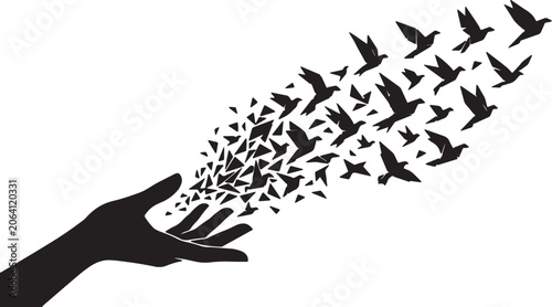 Foto Minimal hand silhouette releasing a flock of birds made from fragmented polygons