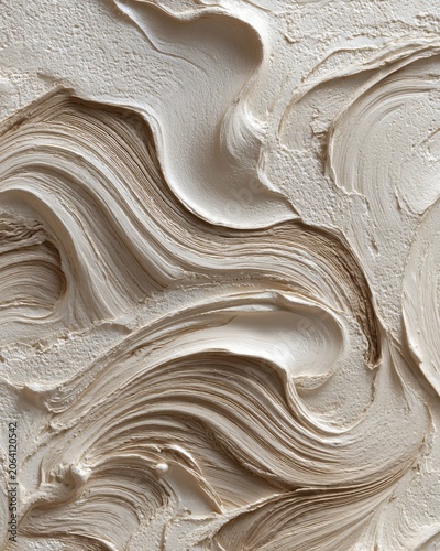 Abstract textured cream paint strokes with subtle brown undertones, creating organic flowing patterns and a sense of movement and depth