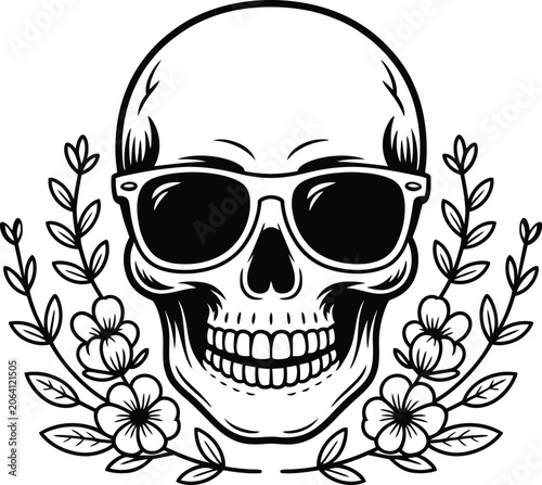 Stylized skull with sunglasses and floral wreath in black and white illustration