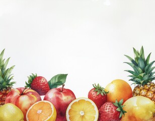 Watercolor Fruit Border with Fresh Apples Strawberries and Oranges