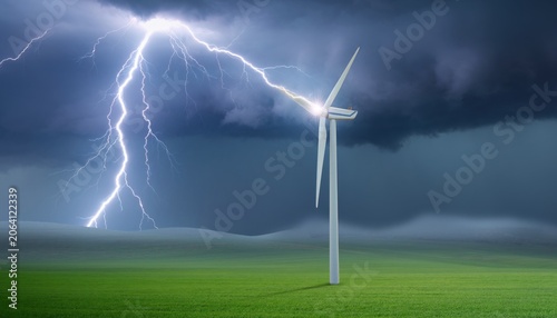 Dramatic Lightning Strikes Wind Turbine in Stormy Landscape, Showcasing Nature's Power and Renewable Energy Resilience Amidst Dark Clouds and Green Field