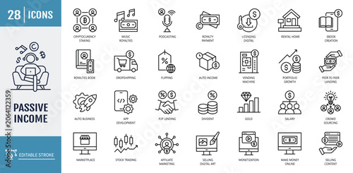 Fotografía Passive Income icons set. editable stroke. vector illustration