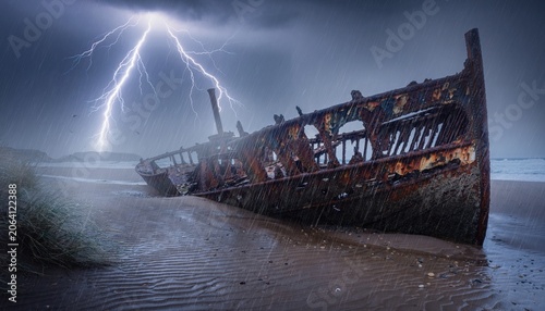 Abandoned Shipwreck on a Stormy Beach Under Dark Clouds and Lightning, Evoking Tension and Mystery in Gloomy Atmosphere