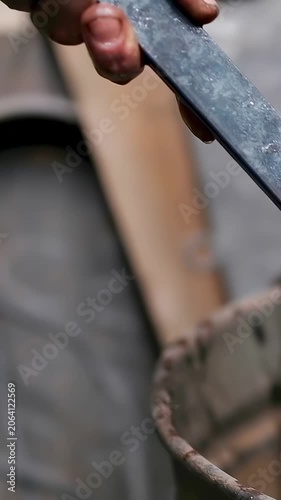 Vertical video: Seeing droplets right hand tilting metal tool over workshop bucket, shedding drips