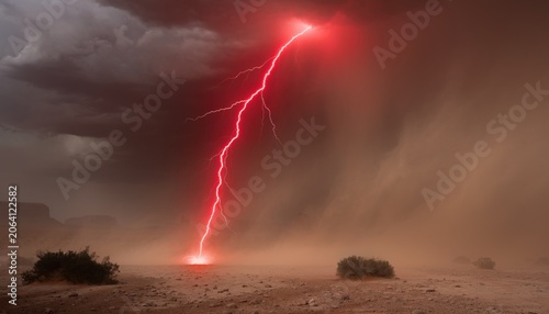 Dramatic Lightning Strike Illuminates Dusty Desert Landscape Under Ominous Clouds during Sudden Storm Event at Dusk or Dawn with Red Hues