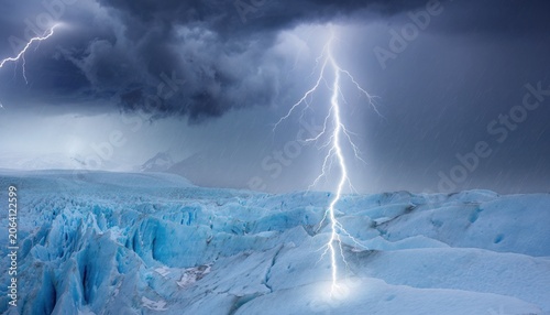 Dramatic Lightning Striking Glacial Landscape Under Dark Stormy Clouds with Ice and Snow in the Foreground, Capturing the Raw Power of Nature's Fury
