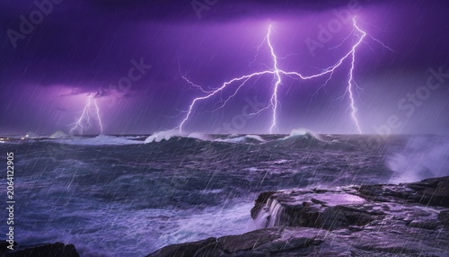 Dramatic Thunderstorm Over Ocean Waves with Striking Lightning and Dark Cloudy Skies at Night Captured in Vibrant Colors and High Detail