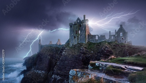 Dramatic Storm Over Ancient Ruins by the Sea with Lightning Striking Amidst Dark Clouds and Rocky Coastline in Dusk Light