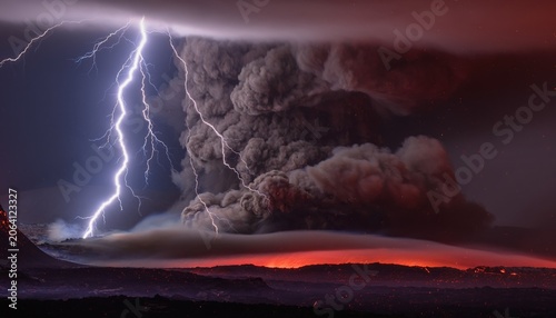 Dramatic volcanic eruption with dark ash cloud illuminated by lightning strikes against a twilight sky capturing the raw power of nature's elements.