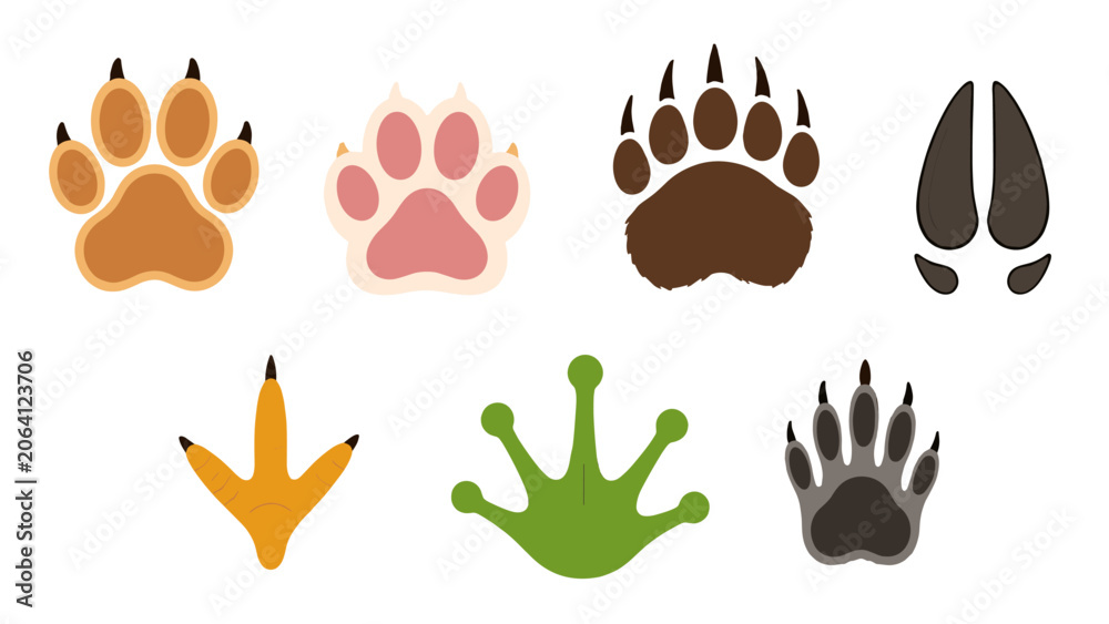 Fototapeta premium Set of animal footprint and track icons in flat vector style