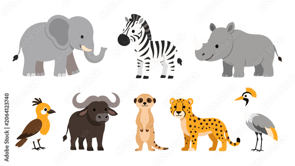 Fototapeta premium Cute cartoon safari animals set isolated on white background