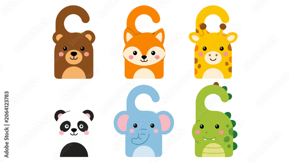 Obraz premium Cute animal door hanger set with bear fox giraffe panda designs