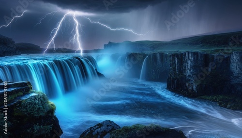 Dramatic Waterfall Under Dark Sky with Lightning Strikes Illuminating the Flowing Water and Surrounding Landscape at Twilight
