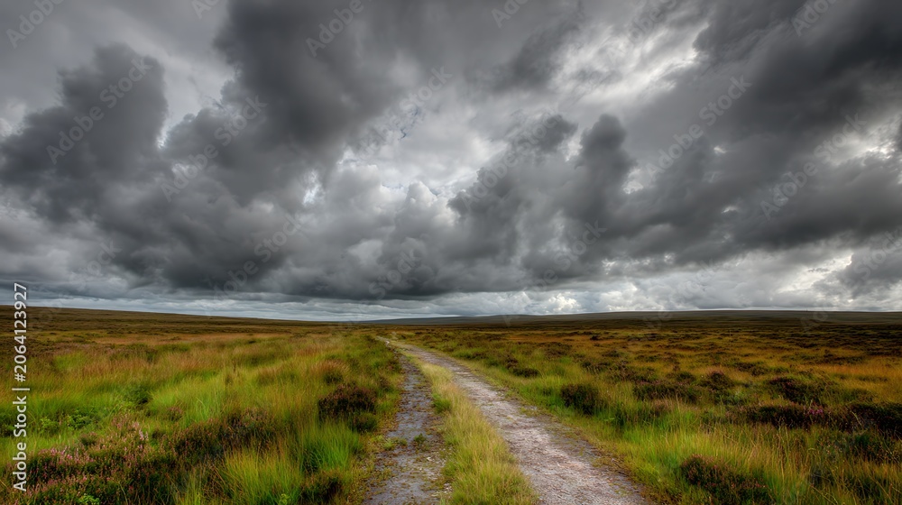 Fototapeta premium Winding dirt path through green field with dramatic stormy cloudy sky