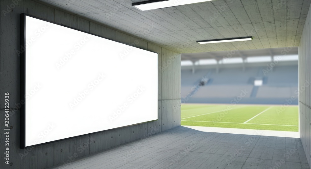 Fototapeta premium A large blank white billboard on a concrete wall in a tunnel leading to a sports stadium with green grass and seating.