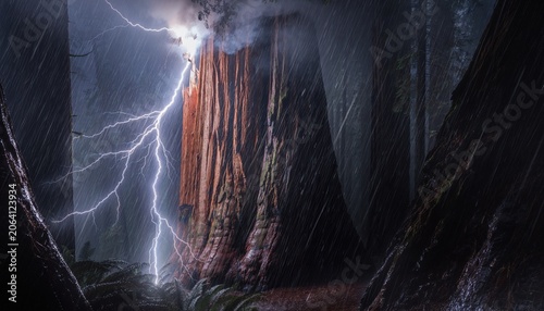 Majestic Redwood Trees Under Stormy Sky with Lightning Strikes and Rainfall in Enchanted Forest Landscape