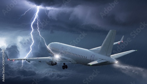 Airplane in Stormy Sky with Lightning and Dark Clouds Captured in Dramatic Moment of Nature’s Fury and Aviation Power