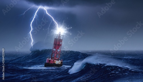 Dramatic Stormy Seas with Lightning Striking a Navigation Buoy in the Heart of High Waves and Dark Skies
