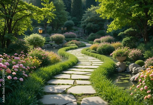 Garden stone path in lush flowering garden with hedges and blooms