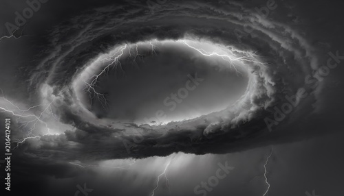 Dramatic Black and White Storm Clouds with Circular Formation and Lightning Strikes Illuminating the Sky in a Stunning Atmospheric Display