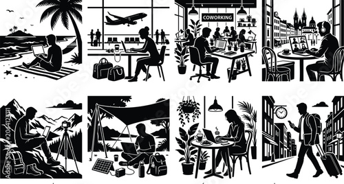 Photography Water sports athletes silhouettes collage featuring surfing paddleboarding kayaking windsurfing swimming rowing diving and sailing at beautiful sunset