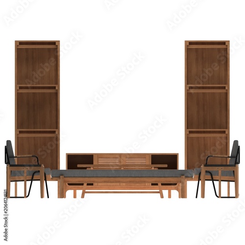 Front view of oak living room set with shelving units, TV cabinet, sofa, chairs, coffee table, and side table.