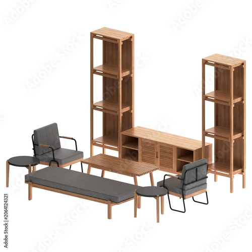 Perspective view of oak living room set with daybed sofa, lounge chairs, coffee table, side table, TV cabinet, and tall shelving units.