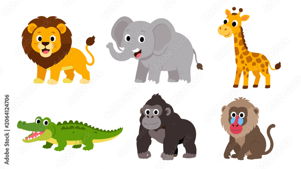 Fototapeta premium Cute cartoon wild animal set with lion elephant and giraffe